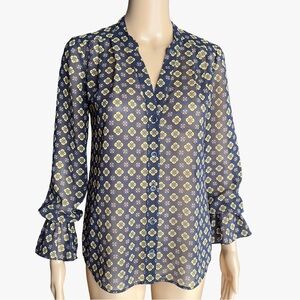 CAbi Semi-Sheer Mosaic Printed Blouse | Navy Yellow | Workwear Chic | XS